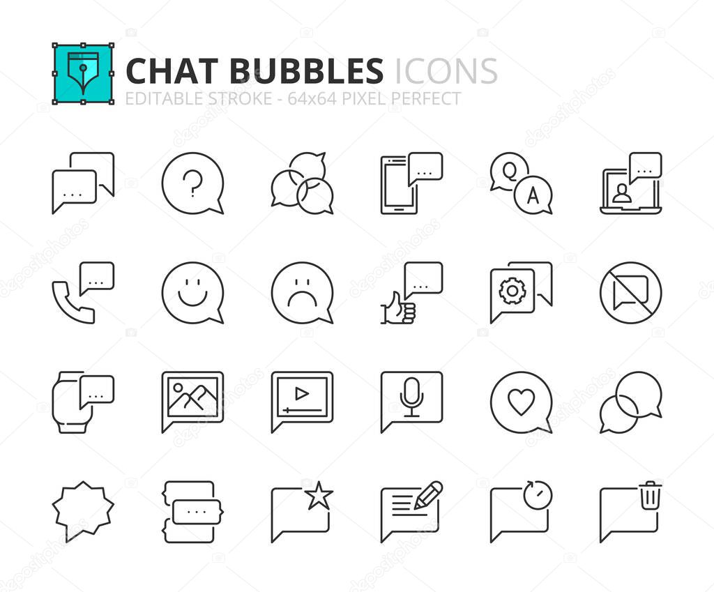 Outline icons about chat bubbles. Communication concepts. Contains such icons as instant messaging, social media, video, audio, pictures and emoji. Editable stroke Vector 64x64 pixel perfect