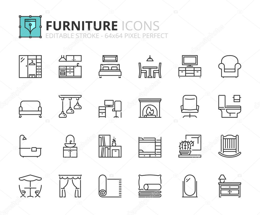 Outline icons about furniture. Contains such icons as bedroom, kitchen, dinning room, living room, workspace, toilet and garden. Editable stroke Vector 64x64 pixel perfect