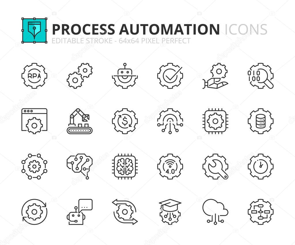 Outline icons about process automation. Contains such icons as robotic, algorithm, artificial intelligence, big data, deep and machine learning. Editable stroke Vector 64x64 pixel perfect