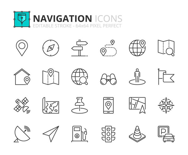 Наброски значков о навигации. Технологическая концепция. Содержит такие значки, как местоположение, маршрут поиска, точность, GPS, карты и информацию о трафике. Штрих к таблице Вектор: 64 пикселя
