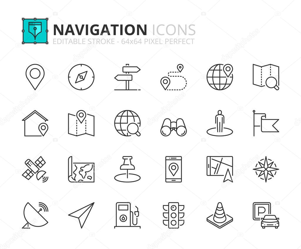 Outline icons about navigation. Technology concept. Contains such icons as location, search route, pinpoint, GPS, maps and traffic info. Editable stroke Vector 64x64 pixel perfect