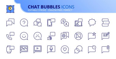 Sohbet baloncukları hakkında taslak simgeler. İletişim kavramları. Anında mesajlaşma, sosyal medya, video, ses, resim ve emoji gibi simgeler içerir. Düzenlenebilir vuruş vektörü 256x256 piksel mükemmel