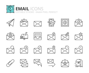 Outline icons about email. Technology and communication concept. Contains such icons as mail, inbox, reply, edit, send and mailbox. Editable stroke Vector 64x64 pixel perfect clipart