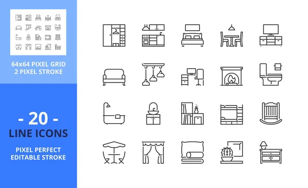 Ícones Linha Sobre Móveis Contém Ícones Como Quarto Cozinha Sala — Vetor de Stock