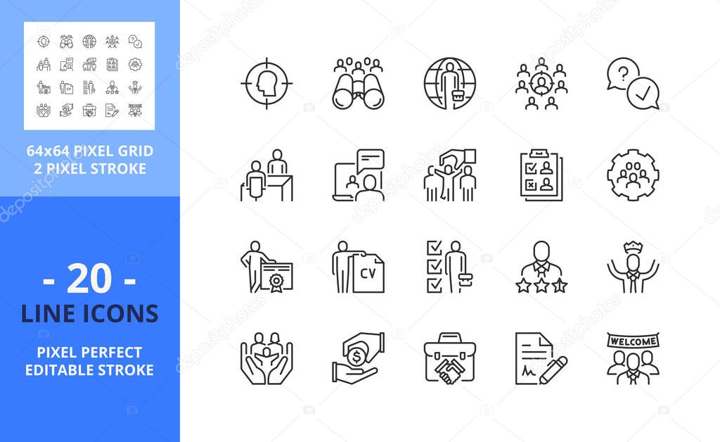 Line icons about headhunting. Business concept. Contains such icons as interview, recruitment, hiring process, candidates and team. Editable stroke. Vector - 64 pixel perfect grid