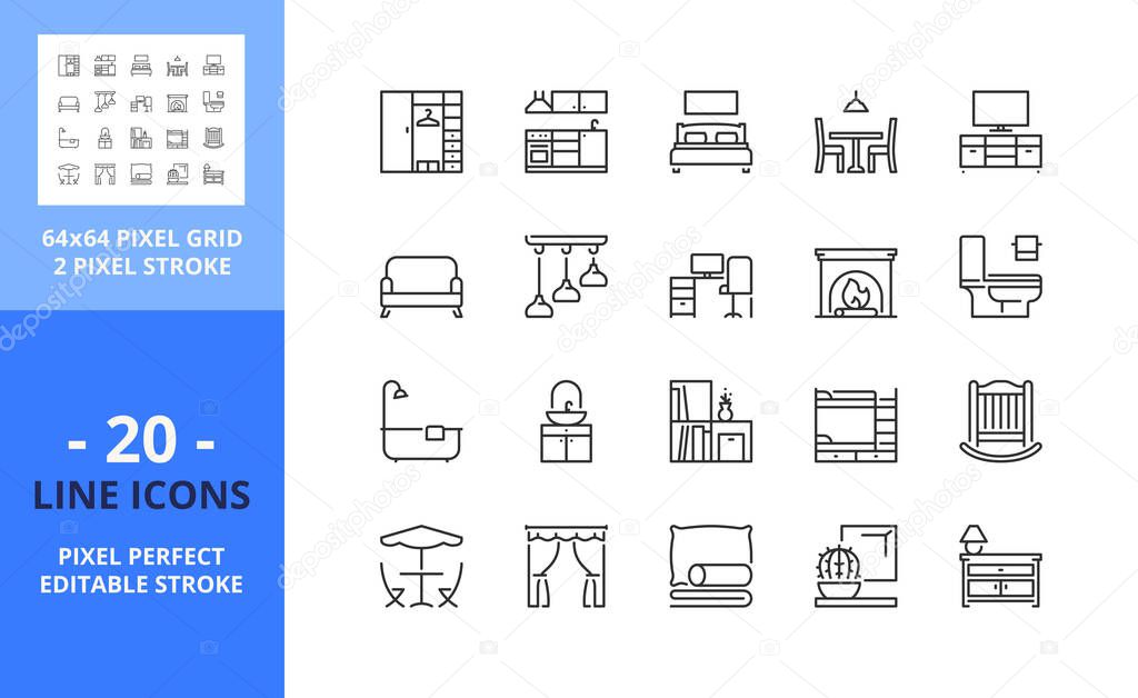 Line icons about furniture. Contains such icons as bedroom, kitchen, dinning room, living room, workspace, toilet and garden. Editable stroke. Vector - 64 pixel perfect grid
