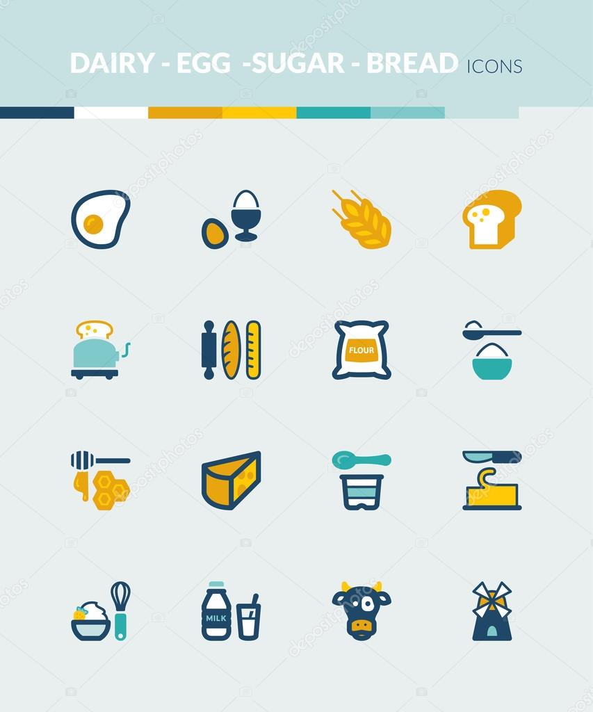 Dairy Egg Bread Sugar colorful flat icons