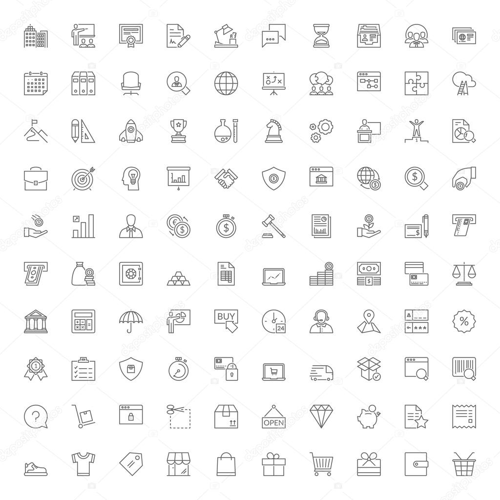 100 line icons. Business finances and shopping