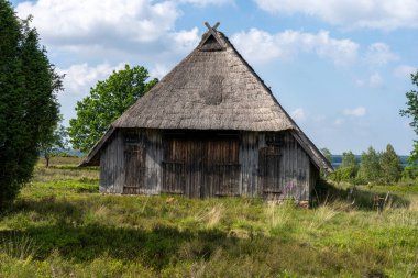 Alman bataklık koyunlarının doğal koruma alanındaki saman çatılı karakteristik ahırı Lueneburger Heide, Almanya