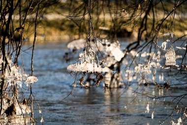 Kış zamanı buz saçaklarının arasından yansıyan ışık Frankfurt, hesse, Almanya
