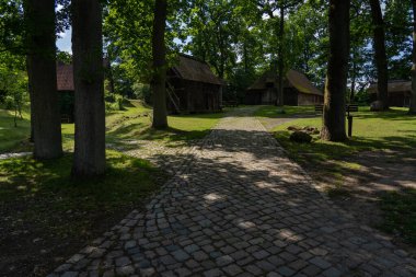 Alman bataklık koyunlarının doğal koruma alanındaki saman çatılı karakteristik ahırı Lueneburger Heide, Almanya