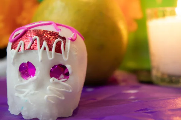 Czaszki Cukrowe Dniu Świętowania Śmierci Ołtarza Meksyku Święto Dia Muertos — Zdjęcie stockowe
