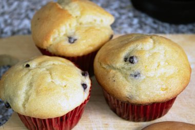 Mutfak tahtasına sarılı taze pişmiş yaban mersinli çörekler.