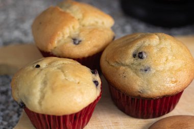 Mutfak tahtasına sarılı taze pişmiş yaban mersinli çörekler.
