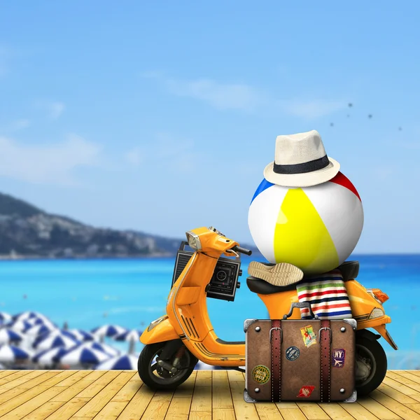 Oranje scooter met items voor vakantie — Stockfoto