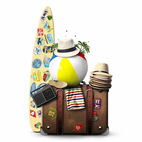 Voyage, valise rétro, planche de surf — Photo