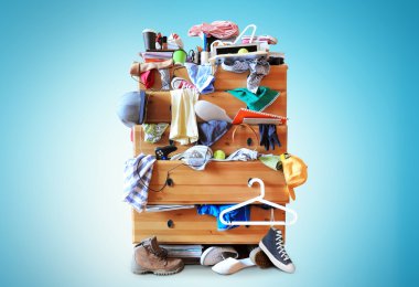 Mess, dresser with scattered clothes clipart