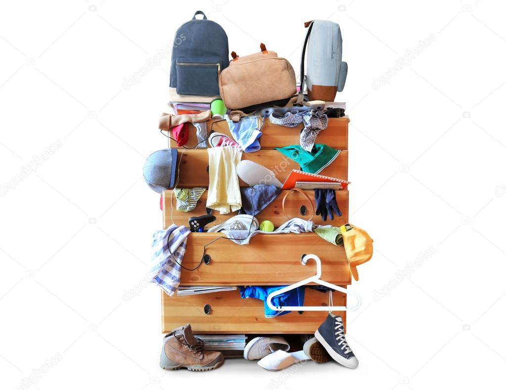 Mess, dresser with scattered clothes