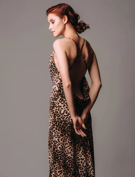 Valentines Day Look Idea Sexy Ginger Woman Leopard Dress Womens Stock Photo