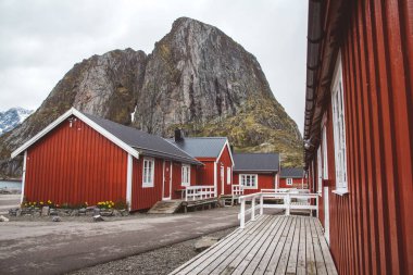 Norveç evleri ve dağları fiyort üzerindeki kayalar İskandinav seyahat manzarası Lofoten adaları.