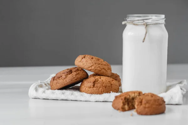 Milk Glass Jar Oatmeal Cookies Napkin White Table Background Copy — Stock Photo, Image