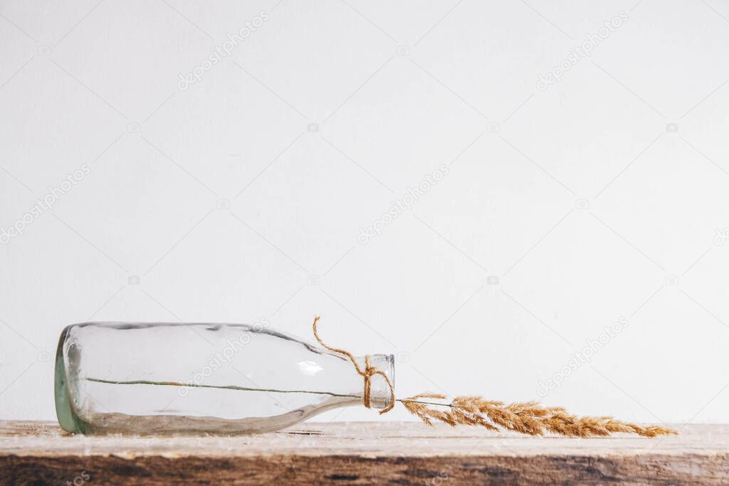 Still life of a bouquet of dried flowers in a glass bottle on a wooden table. Place for text or advertising.