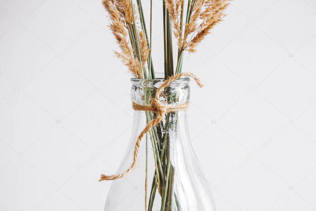 Still life of a bouquet of dried flowers in a glass bottle on a wooden table. Place for text or advertising. View from above.