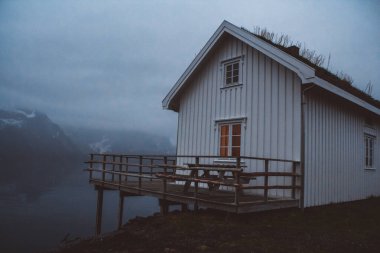 Norveç evleri ve dağları fiyort üzerindeki kayalar İskandinav seyahat manzarası Lofoten adaları.