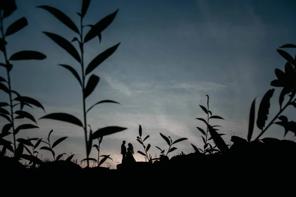 Silhouetten Eines Jungen Liebespaares Bei Sonnenuntergang Vor Dramatischem Himmelshintergrund Platz — Stockfoto