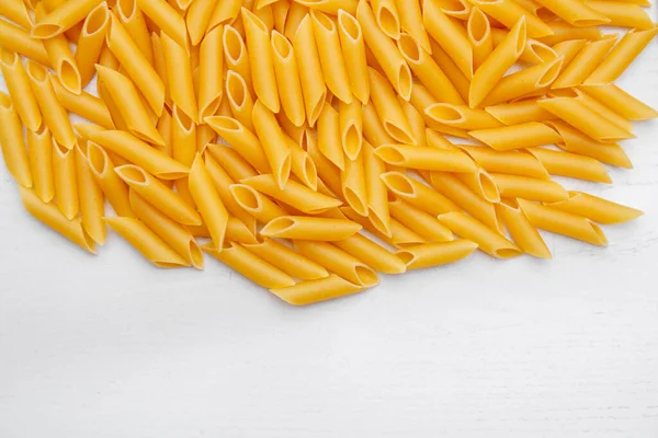 Pasta Penne Rigate White Wooden Table Background Top View Copy — Stock Photo, Image
