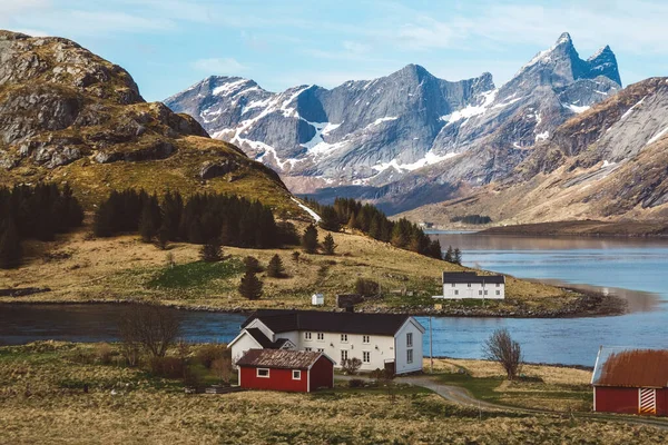 Lofoten adalarındaki Norveç dağları ve manzaraları. Doğal İskandinav manzarası. Metin veya reklam için yer.