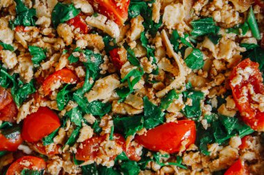 Texas Havyarı 'na yakın: sebze karışımı, tofu, az yağlı, vejetaryen, üst görünüm. Metin için yer.