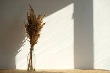 Ahşap bir masada cam bir şişede kurumuş çiçeklerle dolu bir buket hayat. Mesaj ya da reklam için yer. Yukarıdan görüntüle.