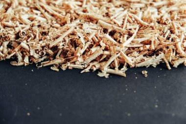 Siyah arka planda ahşap talaşı. Taze ahşap talaşlarının arka planı. Kopyala, metin için boşluk.