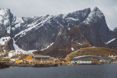 Norveç evleri ve dağları fiyort üzerindeki kayalar İskandinav seyahat manzarası Lofoten adaları.