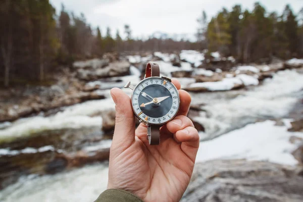 Beautiful Male Hand Holds Magnetic Compass Background Mountain River Rocks — Stock Photo, Image