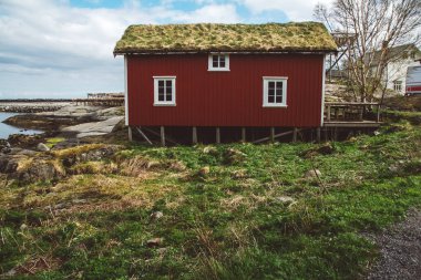 Norveç 'te evler kırmızıdır ve çatıda yosunlar vardır. İskandinav seyahat manzarası Lofoten adaları. Doğal İskandinav manzarası.