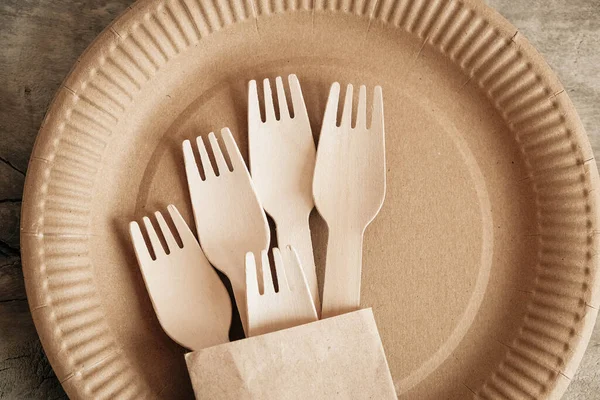 Wooden Forks Plates Wooden Background Eco Friendly Disposable Tableware Also — Stock Photo, Image