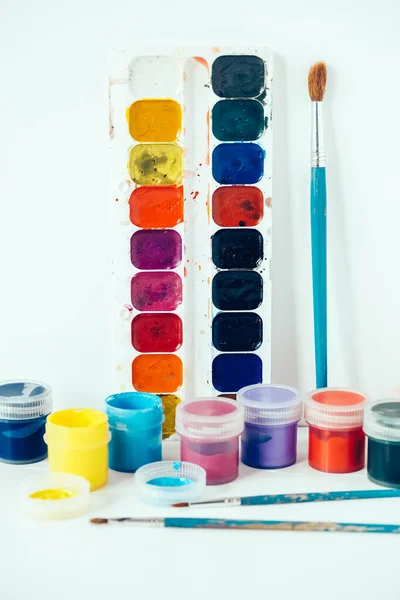Colorful Gouache Paints Brush Painting White Background Copy Empty Space — Stock Photo, Image