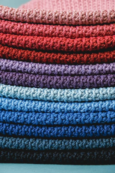 Stack Knitted Material Multicolored Threads Blue Background Copy Empty Space — Stock Photo, Image