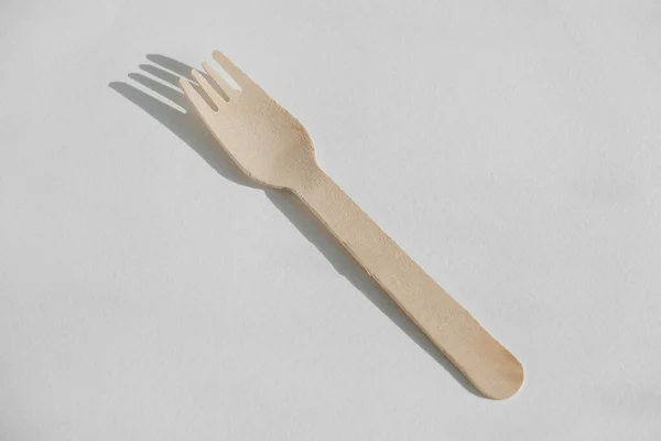 Disposable Wooden Fork White Background Top View Copy Empty Space — Stock Photo, Image