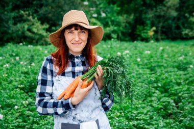 Güzel bir kadın çiftçinin portresi hasır bir şapka içinde bir demet havuç tutuyor ve sebze bahçesindeki bitkilerle çevrili..