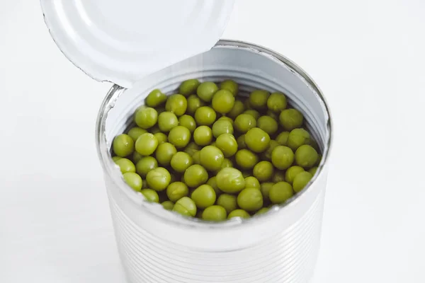 Pois Doux Verts Conserve Dans Une Boîte Ouverte Aluminium Sur — Photo