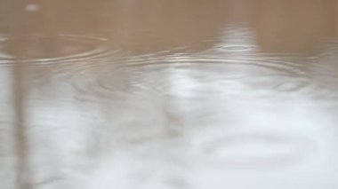 Su yüzeyinde yağmur damlaları. Islak yollu sağanak yağmur damlası, yağmur damlası ve yüzey, otoyolda su akışı, mevsim ve hava durumu
