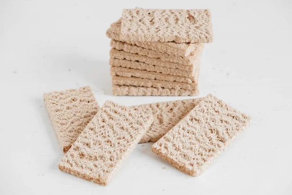 Stacked Rye Crisp Bread White Wooden Background Copy Empty Space — Stock Photo, Image