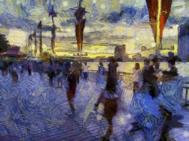 Chao Phraya Nehri İllüstrasyonları 'nın manzarası empresyonist bir resim tarzı yaratır..