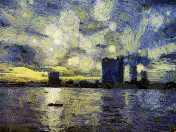 Landscape of the Chao Phraya River Illustrations creates an impressionist style of painting.