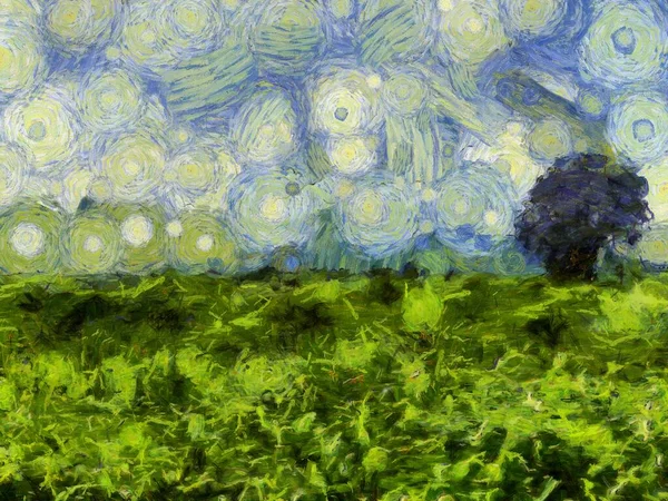 Пейзажі Трави Гір Ілюстрації Створюють Імпресіоністський Стиль Живопису — стокове фото