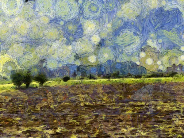 Landschaften Aus Gras Und Bergen Illustrationen Schafft Einen Impressionistischen Malstil — Stockfoto