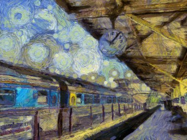 Büyük bir tren istasyonu saat çizimleri empresyonist bir resim tarzı yaratır..